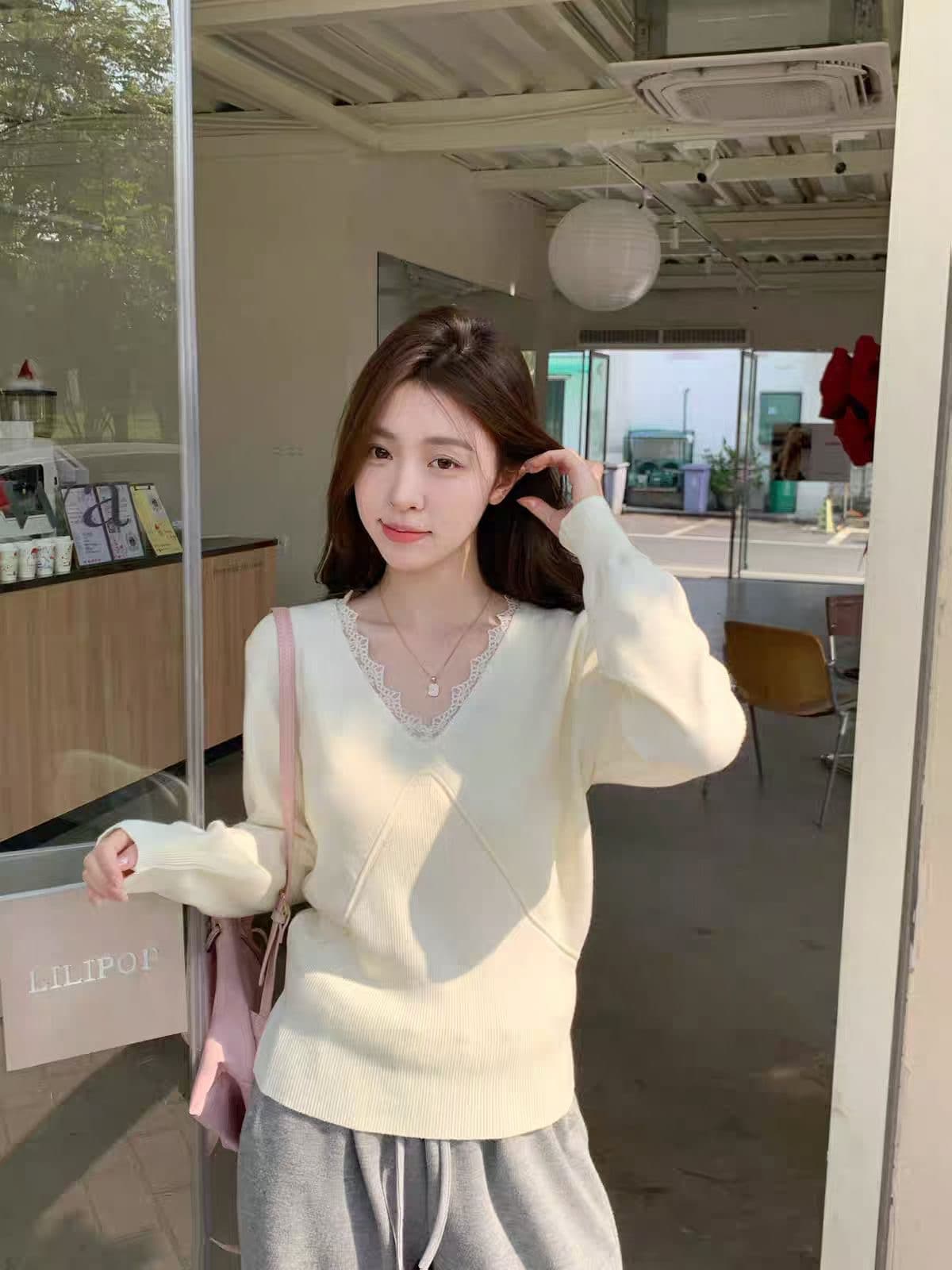 부드러운 바람 V넥 레이스 니트 스웨터 스웨터 여자 봄 가을 Chic 인사이드 가져 가라. 기본 셔츠 작은 키 긴팔 맨위 이미지 3