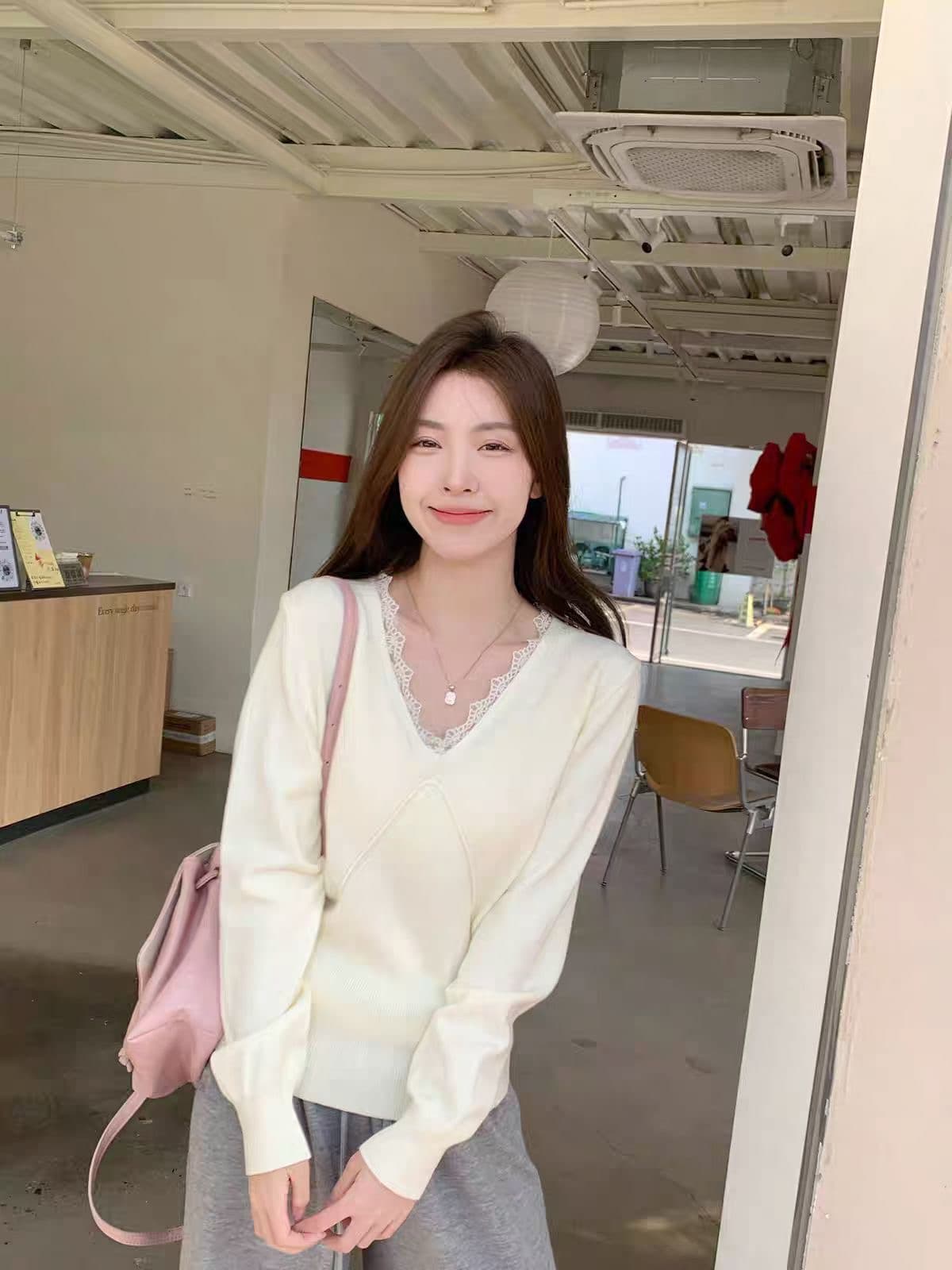부드러운 바람 V넥 레이스 니트 스웨터 스웨터 여자 봄 가을 Chic 인사이드 가져 가라. 기본 셔츠 작은 키 긴팔 맨위 상세 이미지 1
