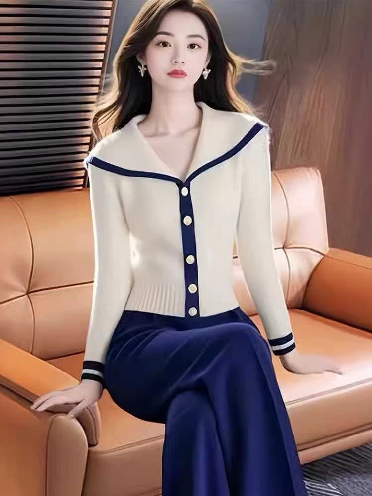 블루 화이트 배색 해군 칼라 스웨터 느긋한 고급 센스 학원 스타일 니트 오픈 가디건 여성 가을 새로운 맨위