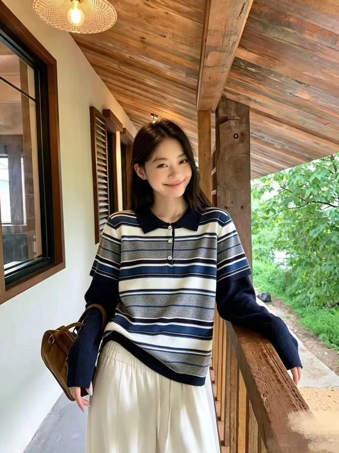 페이크 레이어드 POLO 칼라 패치워크 니트 스웨터 여성 가을 캐주얼 느긋한 미니멀리즘 작은 대중 스웨터 상세 이미지 2