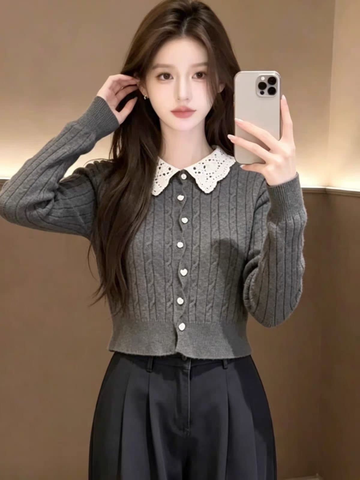 한 부서 스타일 착용 가져 가라. 베이비 칼라 빨간색 니트 스웨터 여성 봄 가을 작은 키 긴팔 부드러운 찹쌀 인사이드 가져 가라. 만나는 맨위 이미지 4