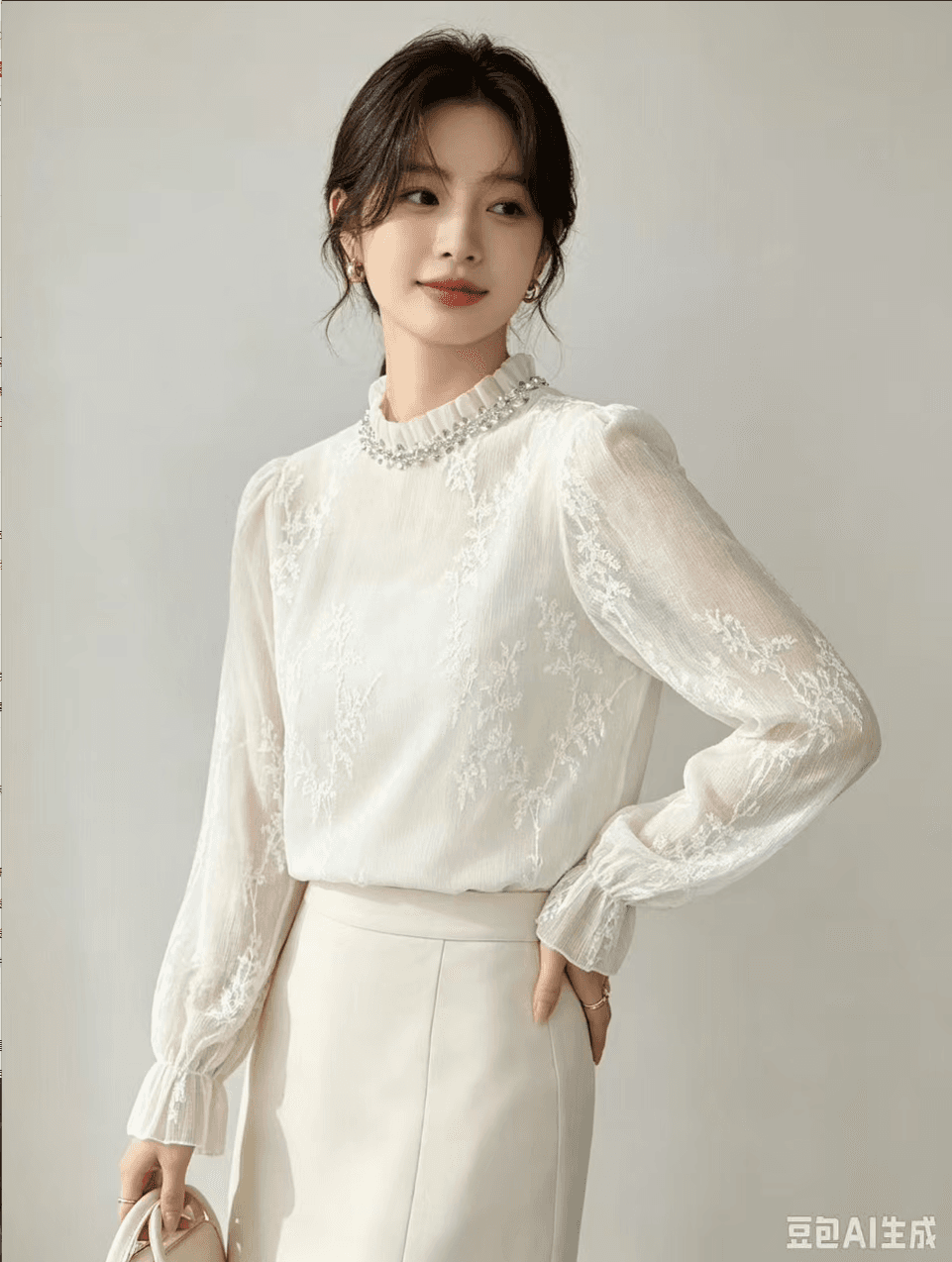 2026 이른 가을 새로운 빛 럭셔리 고급 센스 다용도 주름 자수 비즈 박기 긴팔 레이스 자수 셔츠