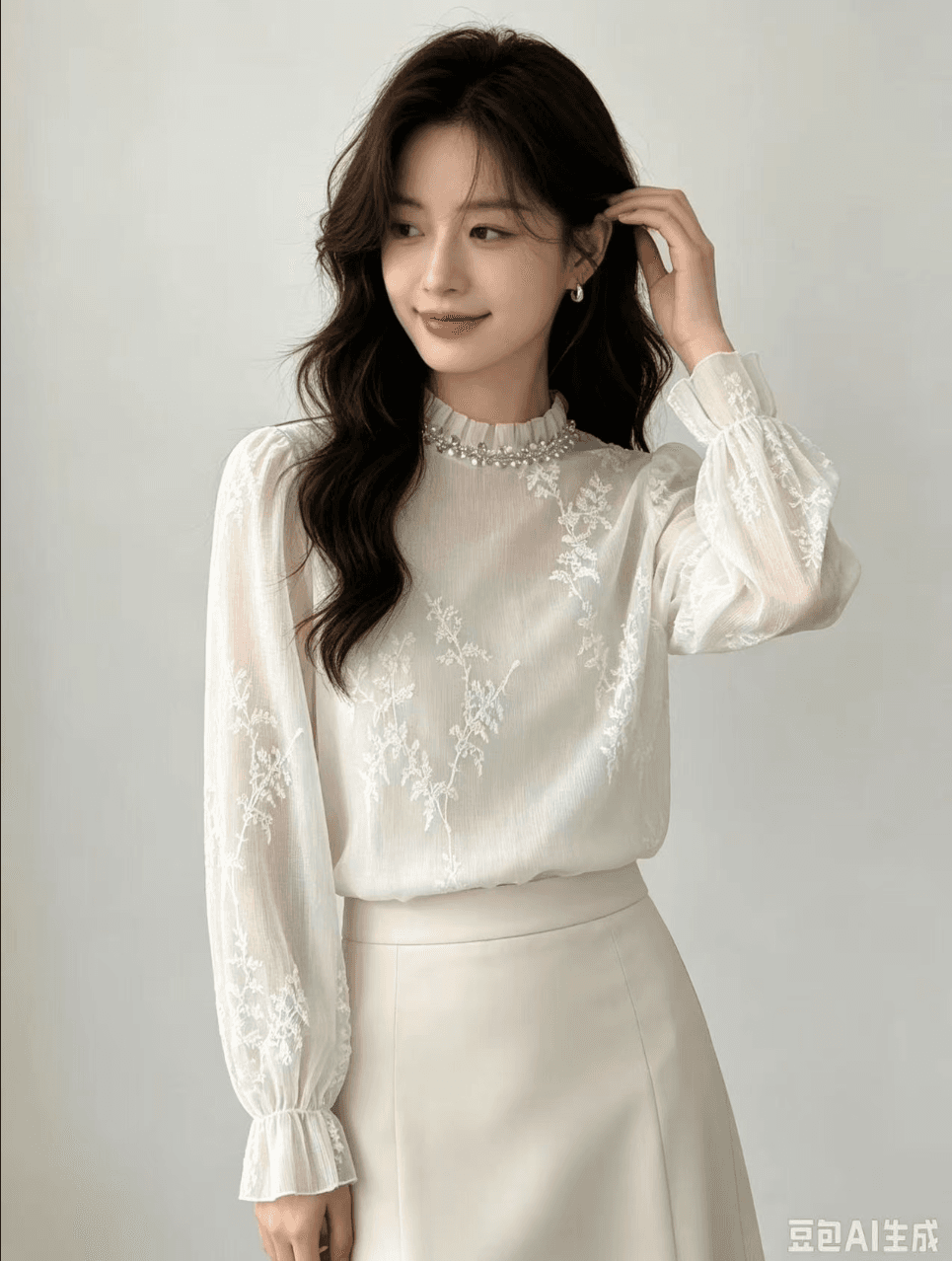 2026 이른 가을 새로운 빛 럭셔리 고급 센스 다용도 주름 자수 비즈 박기 긴팔 레이스 자수 셔츠 상세 이미지 2
