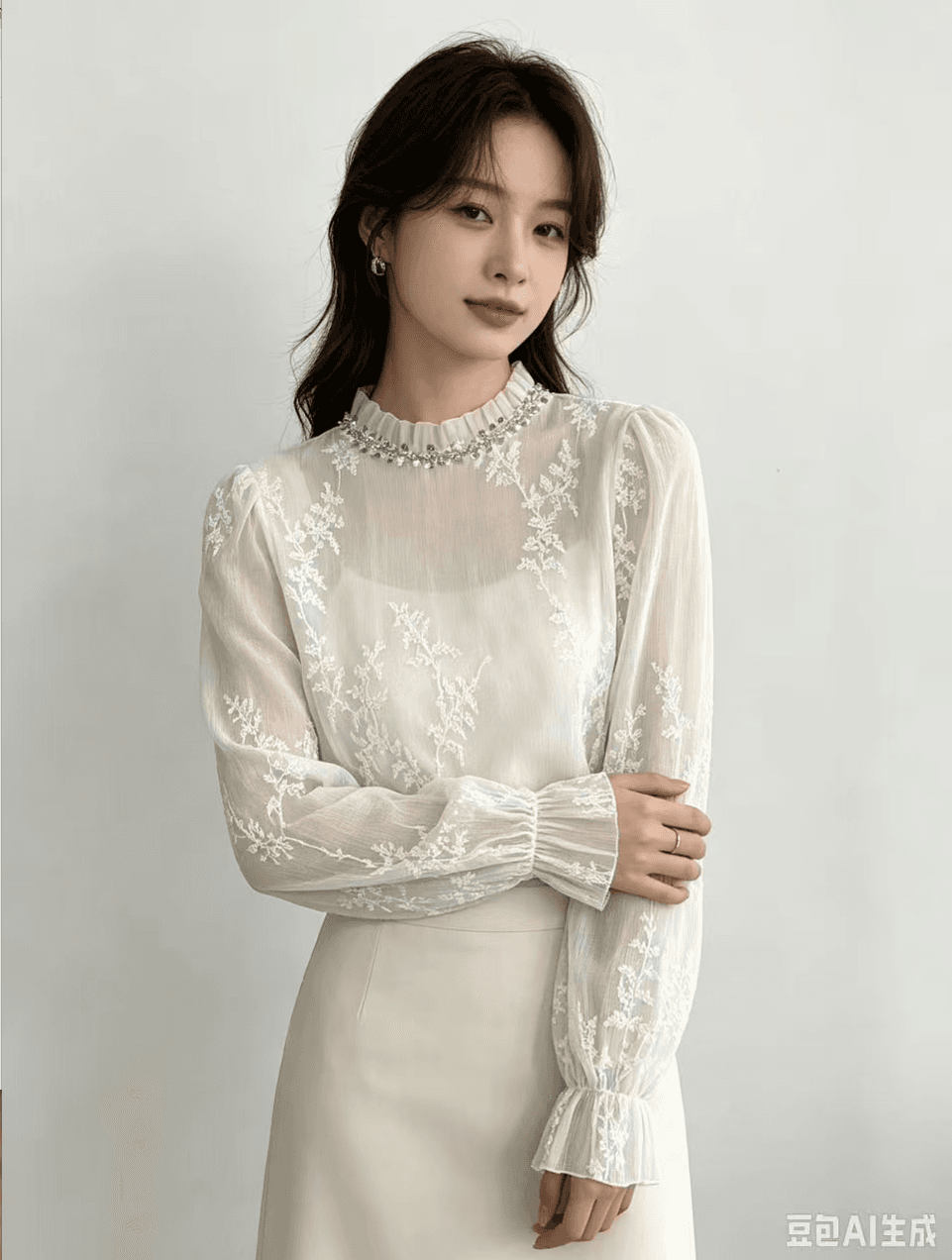 2026 이른 가을 새로운 빛 럭셔리 고급 센스 다용도 주름 자수 비즈 박기 긴팔 레이스 자수 셔츠 상세 이미지 3