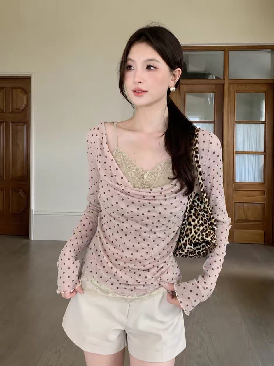 프랑스식 도트 무늬 흔들다 칼라 페이크 레이어드 레이스 조각 작은 셔츠 여성 가을 긴팔 슬림해 보이는 디자인 센스 맨위