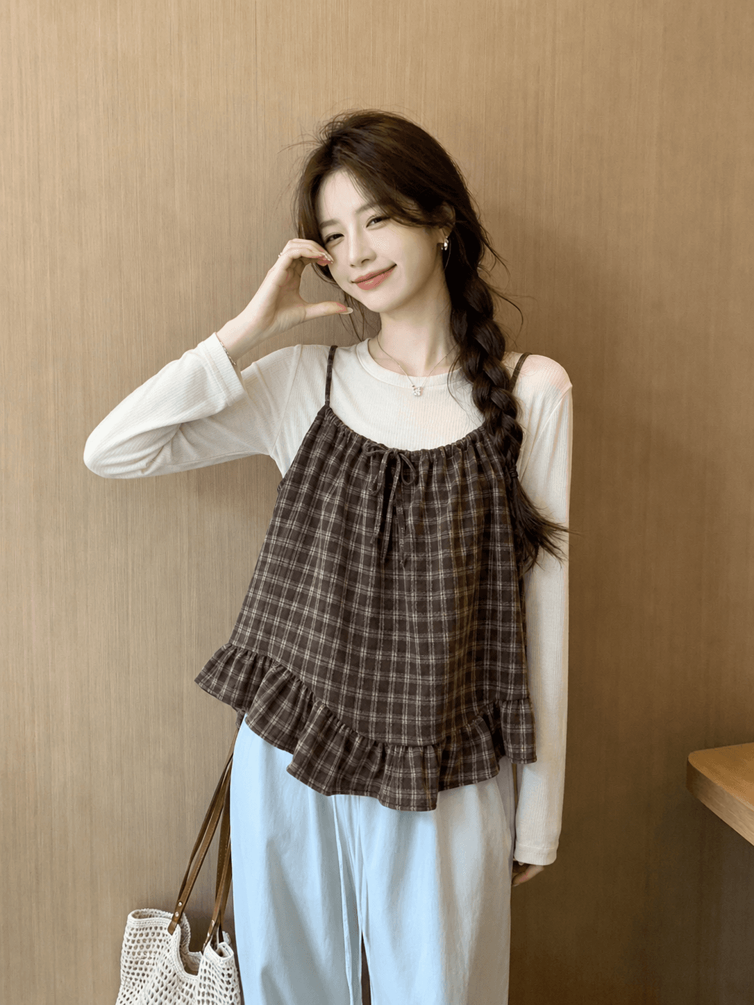한 부서 문예 바람 체크무늬 펌프 로프 레이스 슬립 스택 착용 조끼 여성 여름 새로운 연령 감소 투피스 슈트 상세 이미지 6