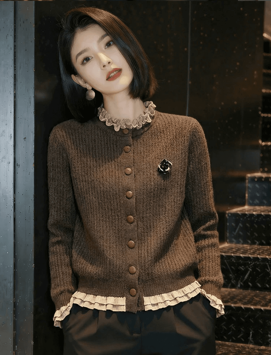 커피 색상 프릴 오픈 가디건 스웨터 여자 가을 겨울 새로운 고급 센스 외국 가스 슬림해 보이는 인사이드 가져 가라. 연령 감소 니트 스웨터 맨위 상세 이미지 3