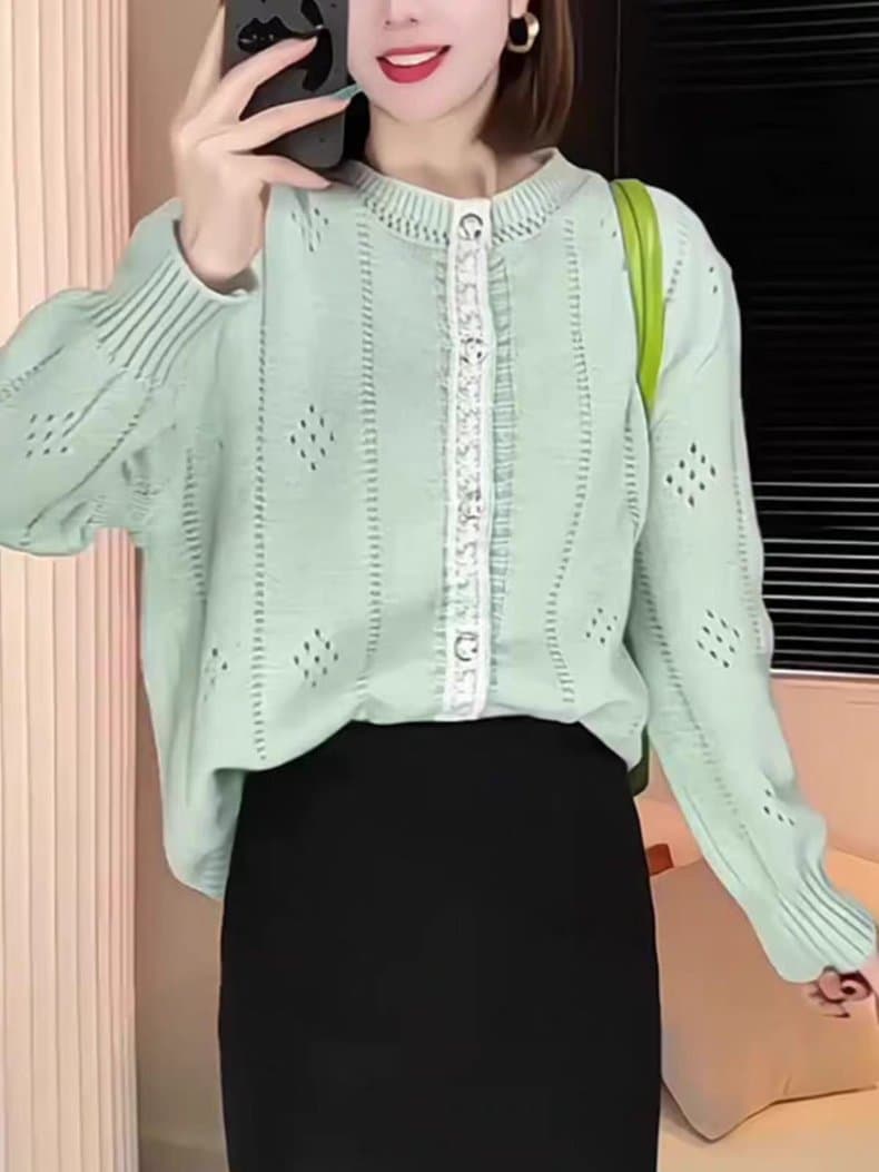 2026 년 봄 가을 새로운 여성 니트 오픈 가디건 라운드 넥 홀로우 아웃 레이스 거품 소매 이미지 3