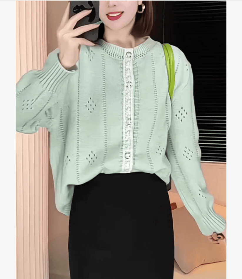 2026 년 봄 가을 새로운 여성 니트 오픈 가디건 라운드 넥 홀로우 아웃 레이스 거품 소매 상세 이미지 3