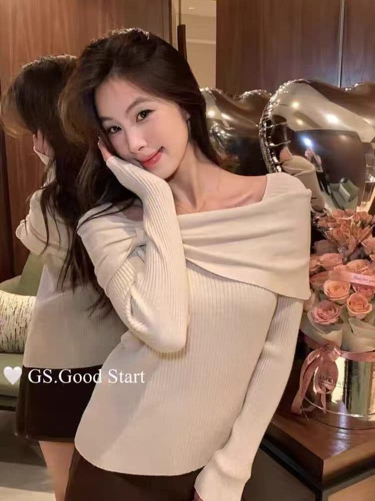 항저우 새로운 의미 법 고급 여성 의류 비틀림 보트넥 긴팔 털 니트 스웨터 인사이드 가져 가라. 만나는 호박 주황색 맨위
