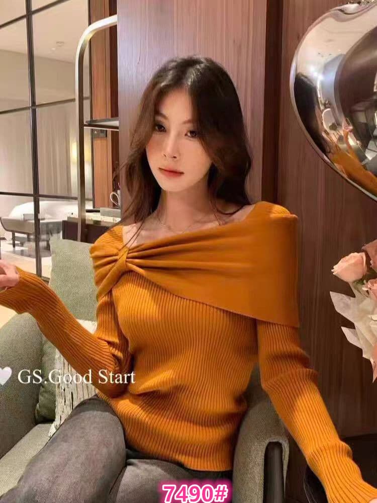 항저우 새로운 의미 법 고급 여성 의류 비틀림 보트넥 긴팔 털 니트 스웨터 인사이드 가져 가라. 만나는 호박 주황색 맨위 이미지 2
