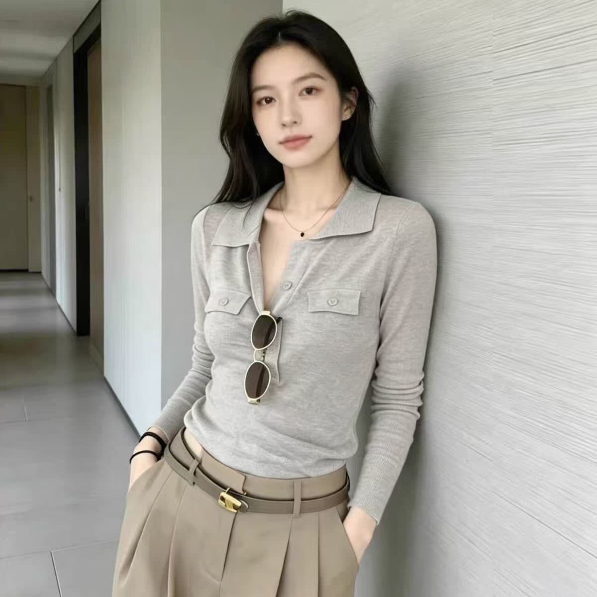 한 부서 V넥 니트 스웨터 여성 봄 가을 착용 가져 가라. 오래된 돈 바람 스웨터 POLO 셔츠 인사이드 가져 가라. 만나는 맨위 상세 이미지 2