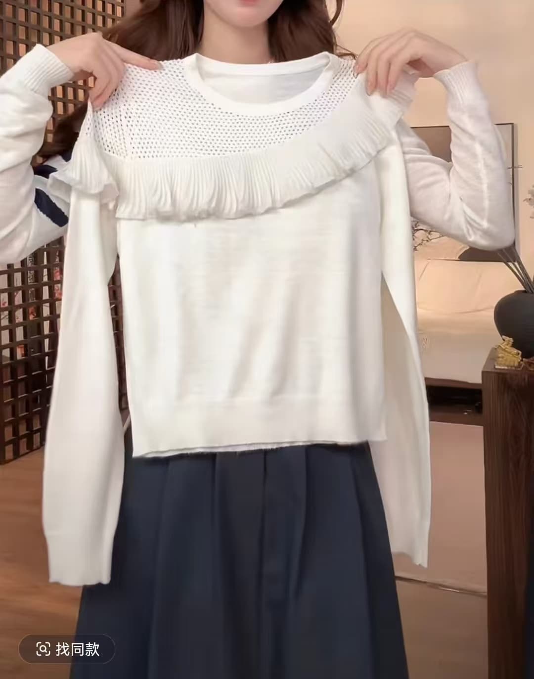 한 부서 라운드 넥 프릴 긴팔 티셔츠 여성 2026 가을 새로운 슬림해 보이는 루즈핏 다용도 외국 가스 연령 감소 맨위 상세 이미지 4