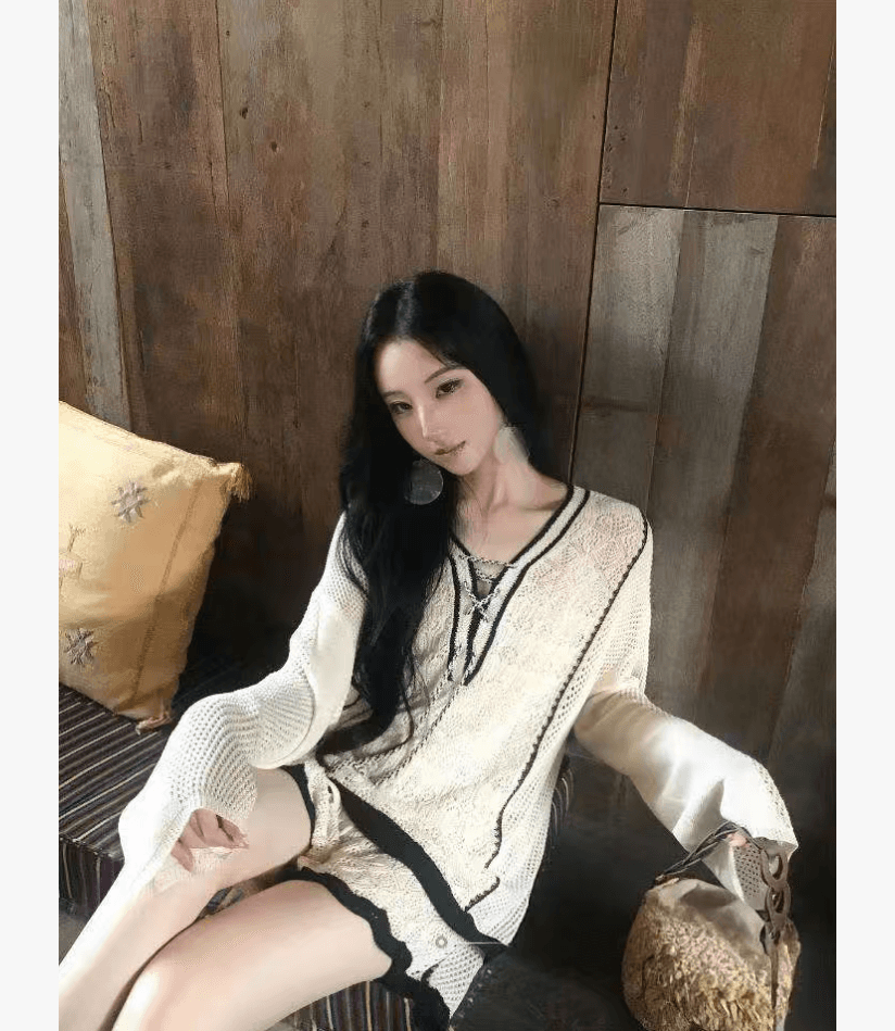 icelolly 아마 라이 경기 서울 화이트 V넥 루즈핏 긴팔 니트 스웨터 여성 가을 홀로우 아웃 품격 슬림해 보이는 세트 상세 이미지 6