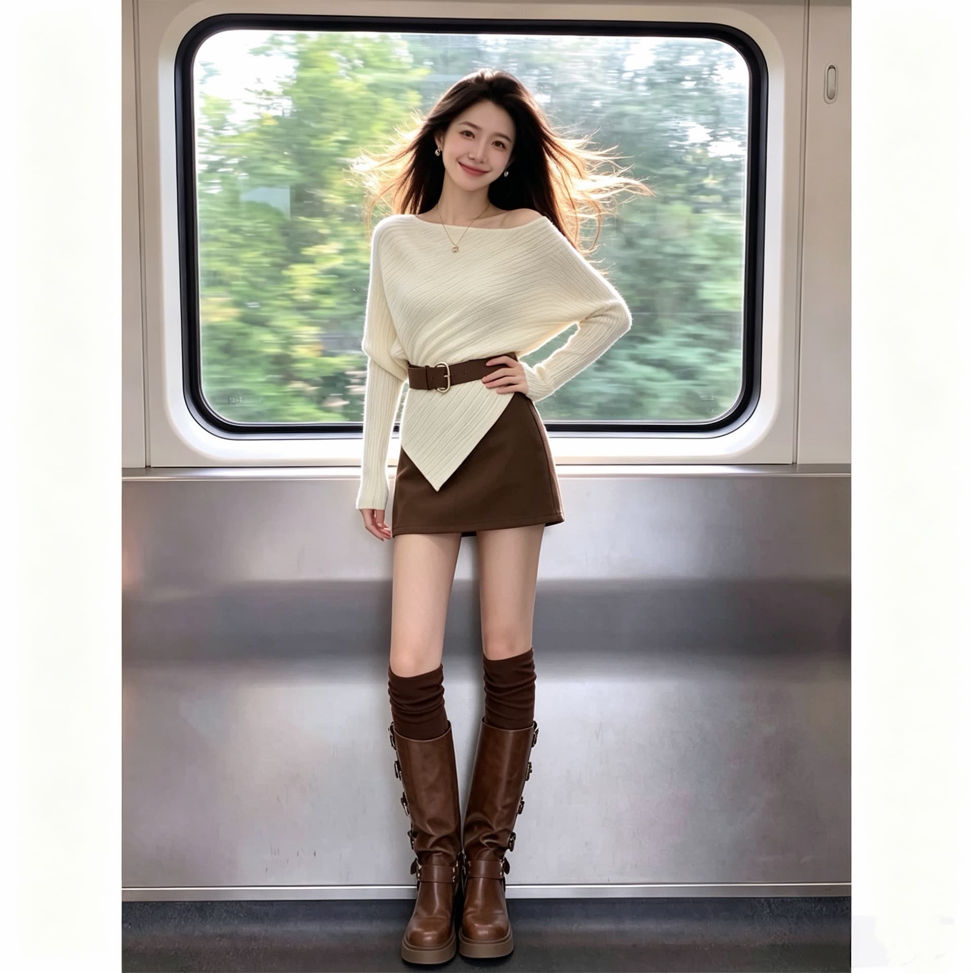 한 부서 착용 가져 가라. 비스듬한 어깨 긴팔 니트 스웨터 여성 가을 느긋한 바람이 아닙니다. 규칙 오프숄더 맨위 반신 치마 세트