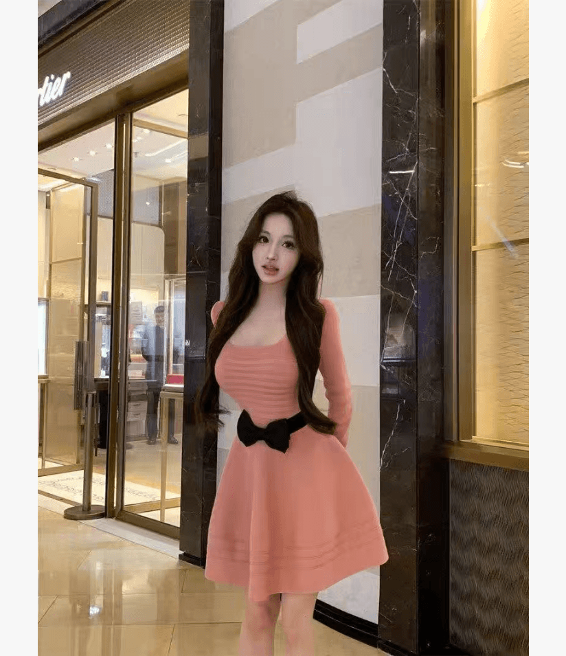 한국 품격 명문 여성 홍콩 스타일 부드러운 숙녀 바람 u 칼라 나비 매듭 니트 스웨터 드레스 허리 수축 퍼프 스커트