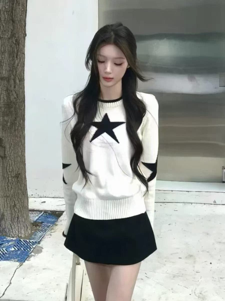 흑인과 백인 배색 별 자카드 니트 스웨터 2026 가을 폭발 한 부서 미니멀리즘 출퇴근 착용 가져 가라. 스웨터 맨위 여성 상세 이미지 6