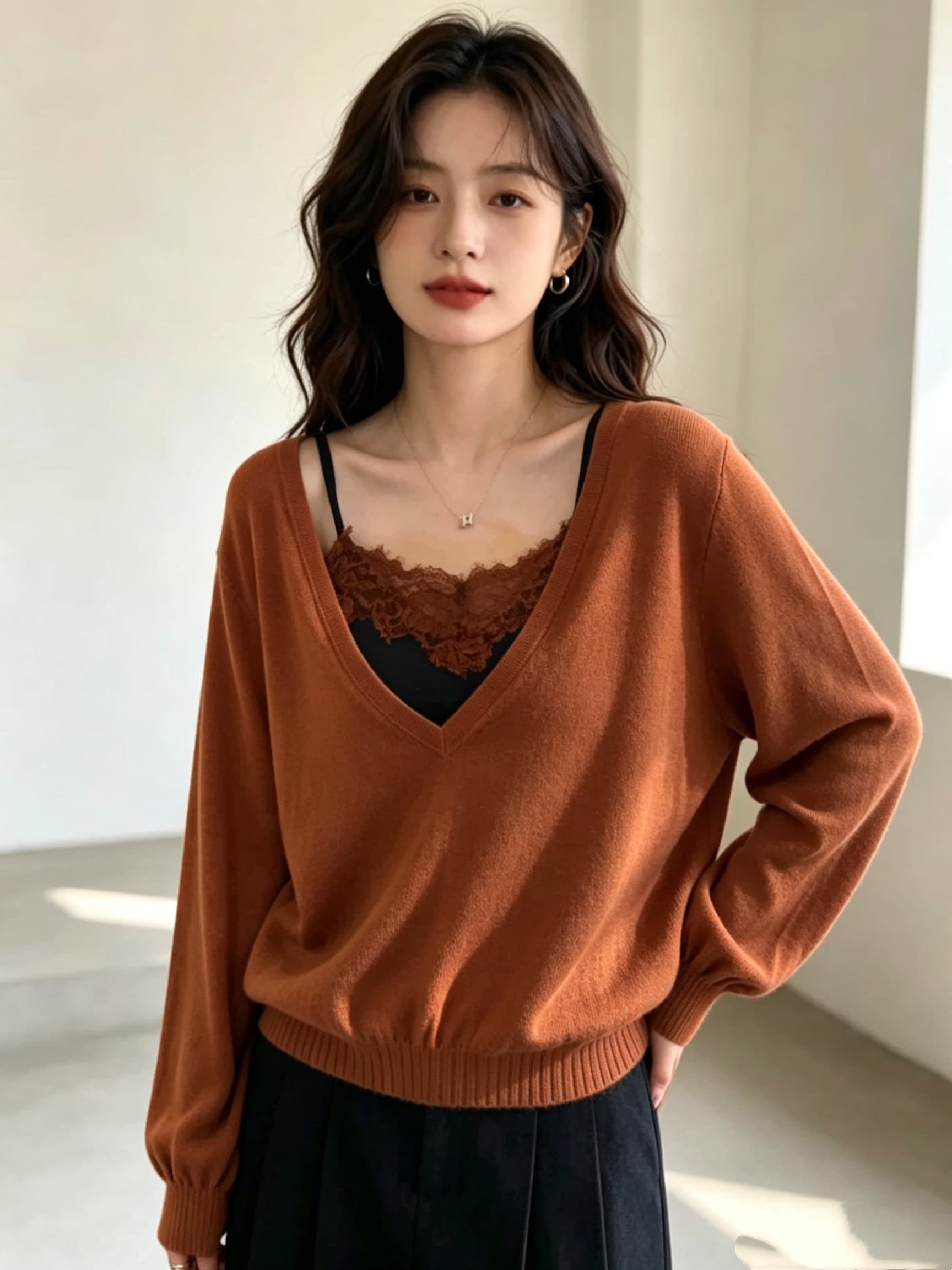 2026 가을 겨울 새로운 느긋한 깊은 V 넥 니트 블라우스 배색 레이스 레이스 슬립 사실 두 조각 맨위 이미지 2