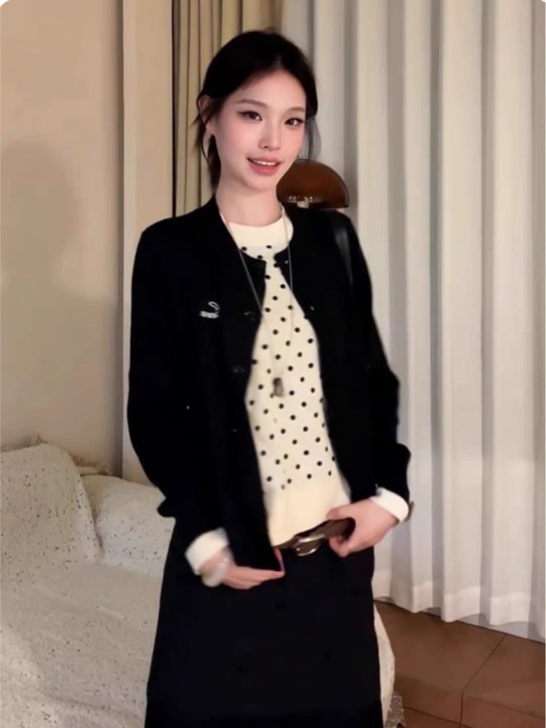아메리칸 검정색 긍정적 인 어깨 페이크 레이어드 긴팔 니트 스웨터 오픈 가디건 여성 가을 겨울 루즈핏 인사이드 가져 가라. 외출용 재킷 맨위 상세 이미지 3