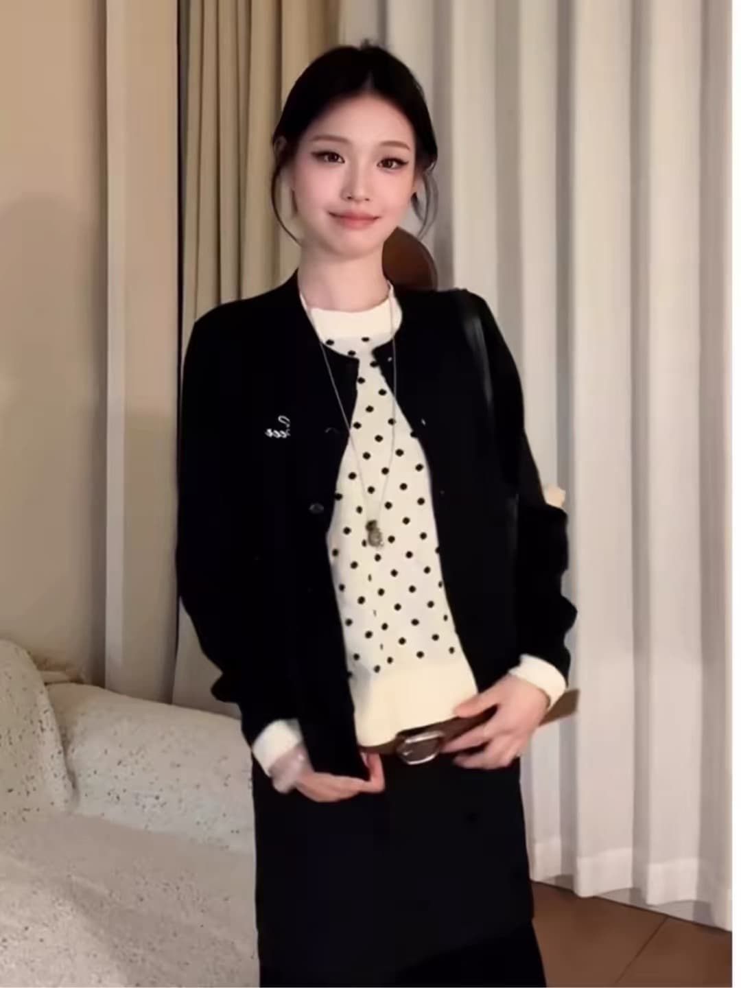 아메리칸 검정색 긍정적 인 어깨 페이크 레이어드 긴팔 니트 스웨터 오픈 가디건 여성 가을 겨울 루즈핏 인사이드 가져 가라. 외출용 재킷 맨위 상세 이미지 5