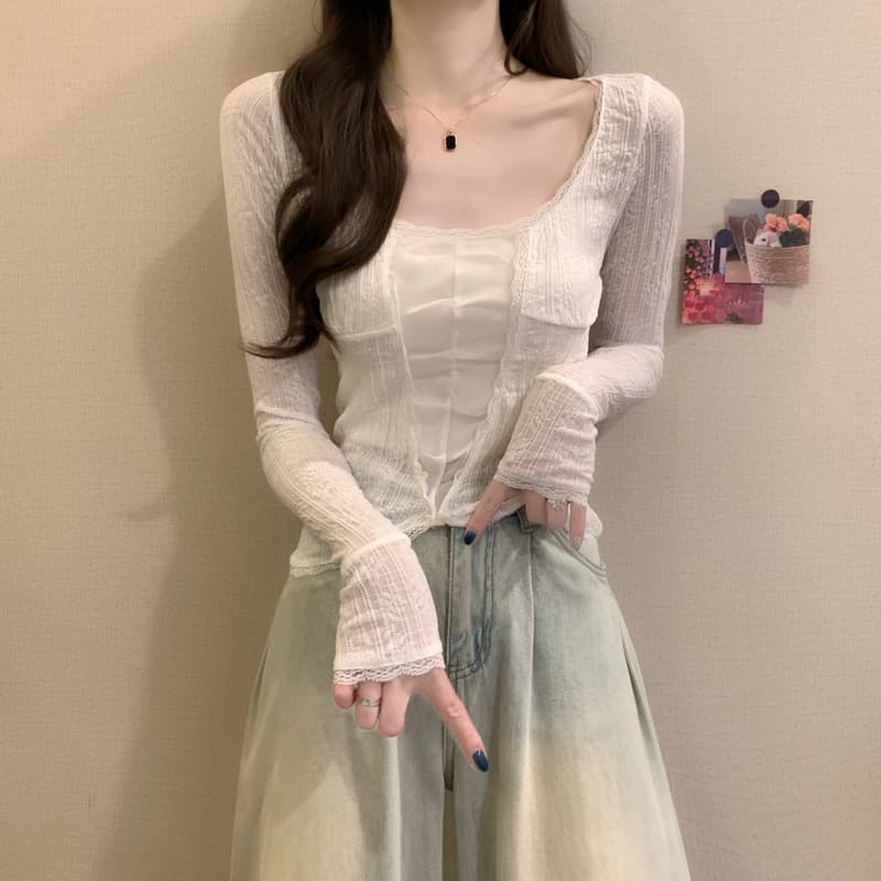 실사 정가 이른 봄 새로운 한 부서 순수한 욕망 핫걸 레이스 긴팔 부드러운 찹쌀 섹시함 티셔츠 만나는 마이크로 ~을 통해 의류 이미지 2