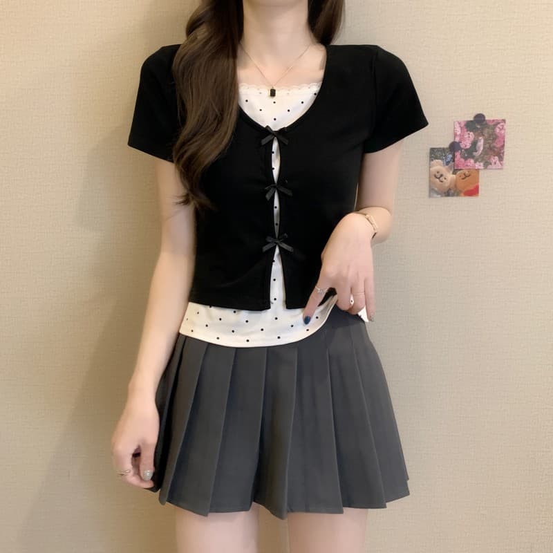 실사 정가 여름 새로운 한국 스타일 도트 무늬 레이스 레이스 패치워크 디자인 센스 나비 매듭 페이크 레이어드 맨위 상세 이미지 27