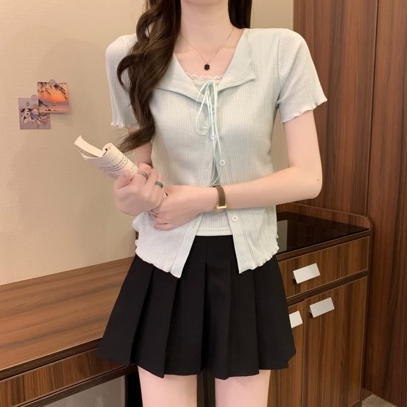 실사 정가 여름 새로운 한 부서 품격 디자인 센스 부드러운 레이스 조각 반팔 패션 페이크 레이어드 맨위 상세 이미지 18