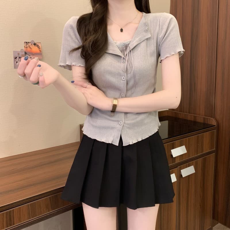 실사 정가 여름 새로운 한 부서 품격 디자인 센스 부드러운 레이스 조각 반팔 패션 페이크 레이어드 맨위 상세 이미지 24