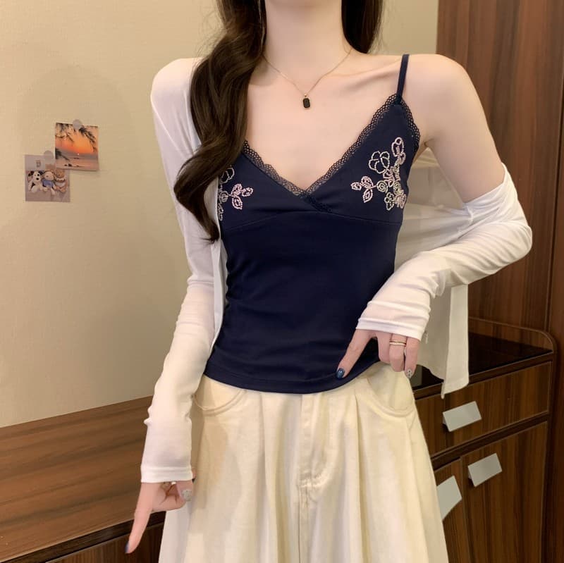 실사 정가 달콤한 부서 특별 조정 세련된 V넥 패치워크 레이스 측면 배색 자수 구슬 몸매 가꾸기 슬림해 보이는 캐미솔 상세 이미지 24