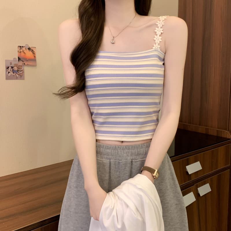실사 정가 여름 새로운 한 부서 꽃 어깨 벨트 가슴 패드 소녀 센스 배색 인사이드 가져 가라. 캐미솔 상세 이미지 15