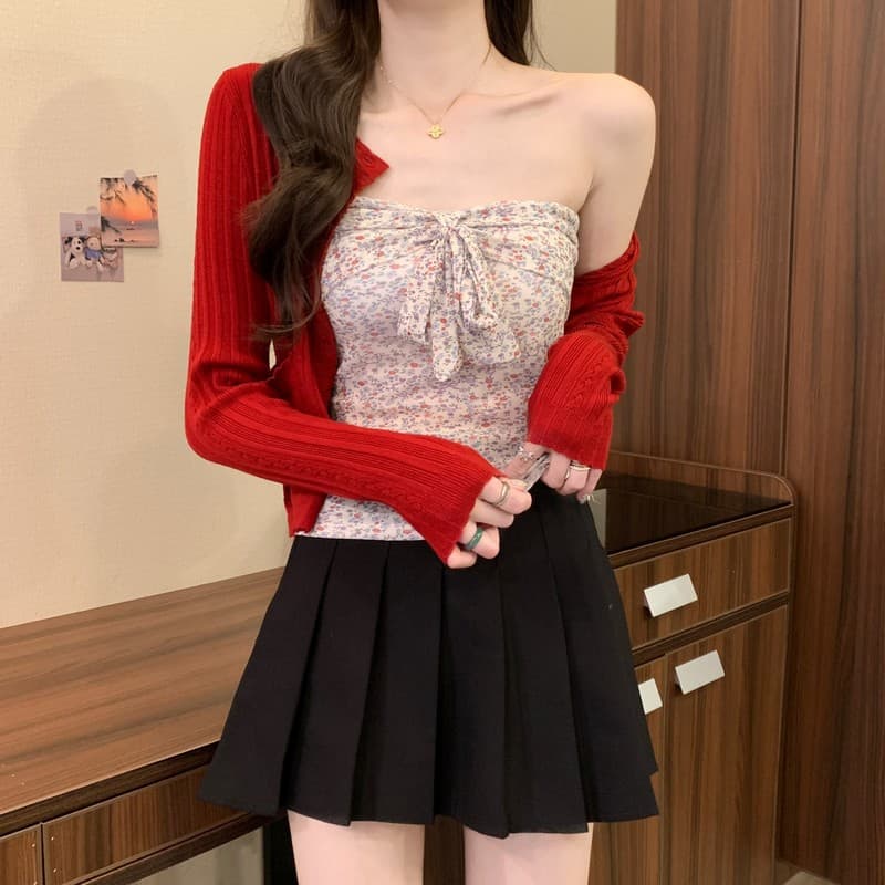 실사 정가 봄 여름 새로운 한 부서 레트로 꽃무늬 나비 매듭 민소매 몸매 가꾸기 슬림해 보이는 튜브탑 빨간색 오픈 가디건 상세 이미지 4