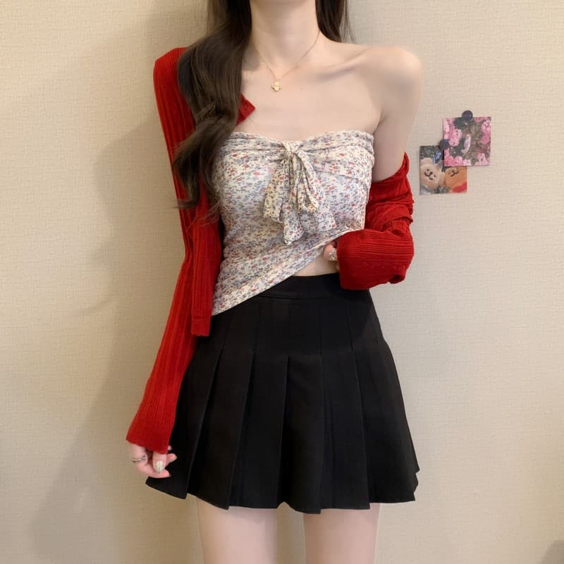실사 정가 봄 여름 새로운 한 부서 레트로 꽃무늬 나비 매듭 민소매 몸매 가꾸기 슬림해 보이는 튜브탑 빨간색 오픈 가디건 이미지 3