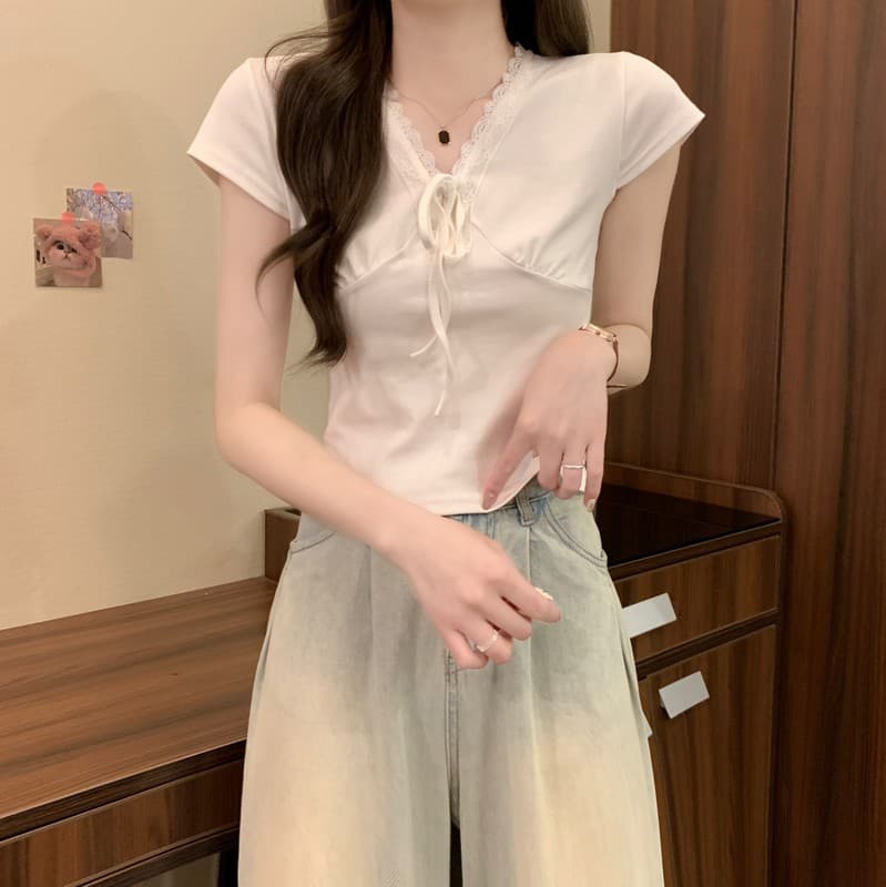 실사 정가 여름 새로운 한 부서 순수한 욕망 레이스 측면 V넥 나비 넥타이 몸매 가꾸기 슬림해 보이는 쇼트 스타일 반팔 상세 이미지 4
