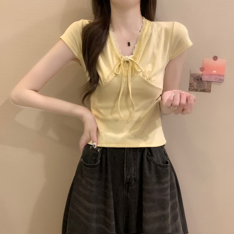 실사 정가 여름 새로운 한 부서 순수한 욕망 레이스 측면 V넥 나비 넥타이 몸매 가꾸기 슬림해 보이는 쇼트 스타일 반팔 상세 이미지 13