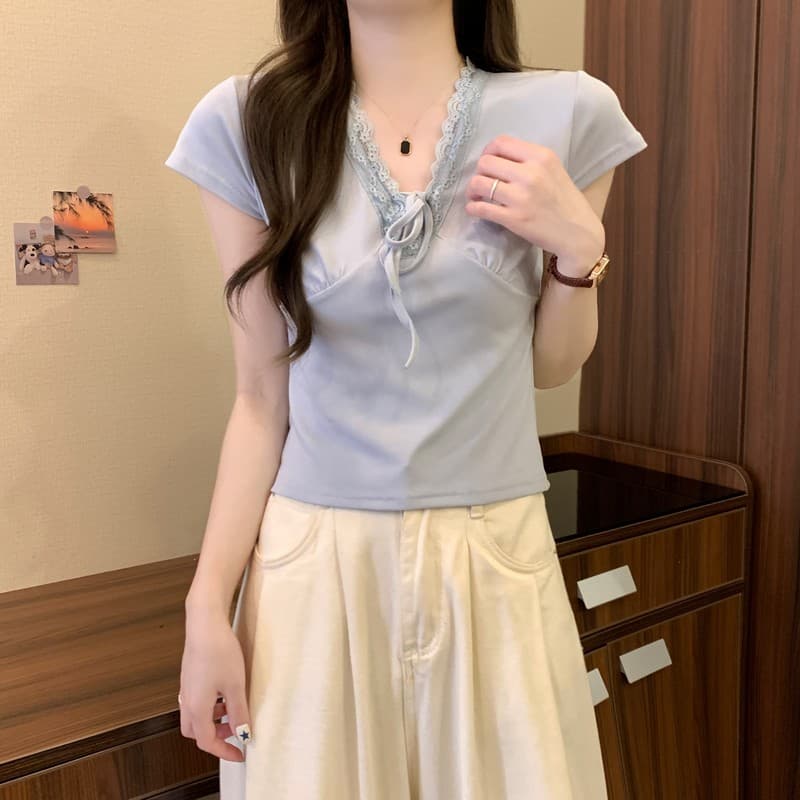 실사 정가 여름 새로운 한 부서 순수한 욕망 레이스 측면 V넥 나비 넥타이 몸매 가꾸기 슬림해 보이는 쇼트 스타일 반팔 상세 이미지 16