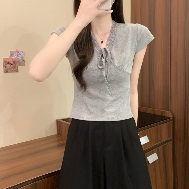 실사 정가 여름 새로운 한 부서 순수한 욕망 레이스 측면 V넥 나비 넥타이 몸매 가꾸기 슬림해 보이는 쇼트 스타일 반팔 상세 이미지 26