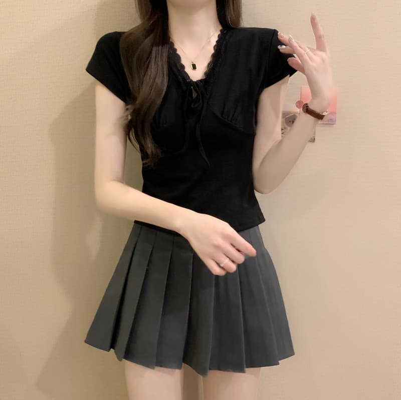 실사 정가 여름 새로운 한 부서 순수한 욕망 레이스 측면 V넥 나비 넥타이 몸매 가꾸기 슬림해 보이는 쇼트 스타일 반팔 상세 이미지 34