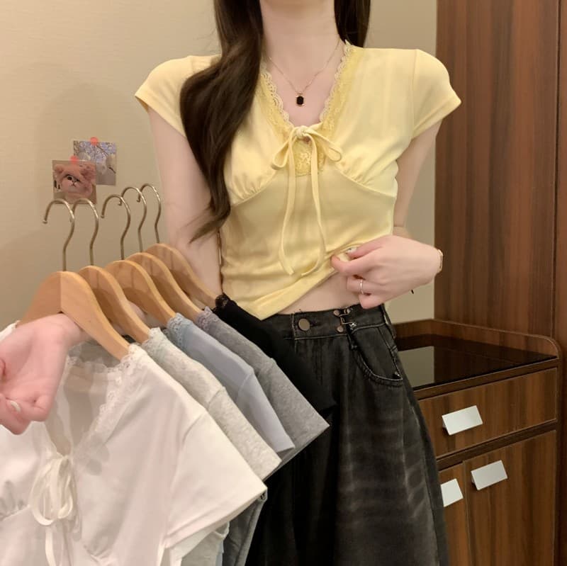 실사 정가 여름 새로운 한 부서 순수한 욕망 레이스 측면 V넥 나비 넥타이 몸매 가꾸기 슬림해 보이는 쇼트 스타일 반팔