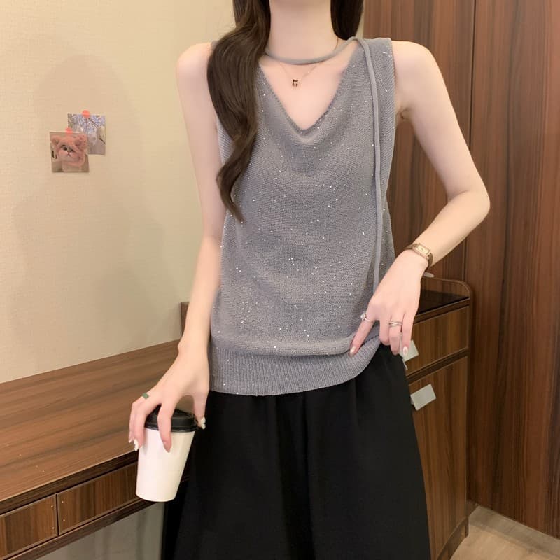 실사 정가 여름 새로운 프랑스식 디자인 센스 흔들다 칼라 순수한 욕망 달콤한 매운맛 레트로 클립 금사 민소매 니트 스웨터 상세 이미지 27