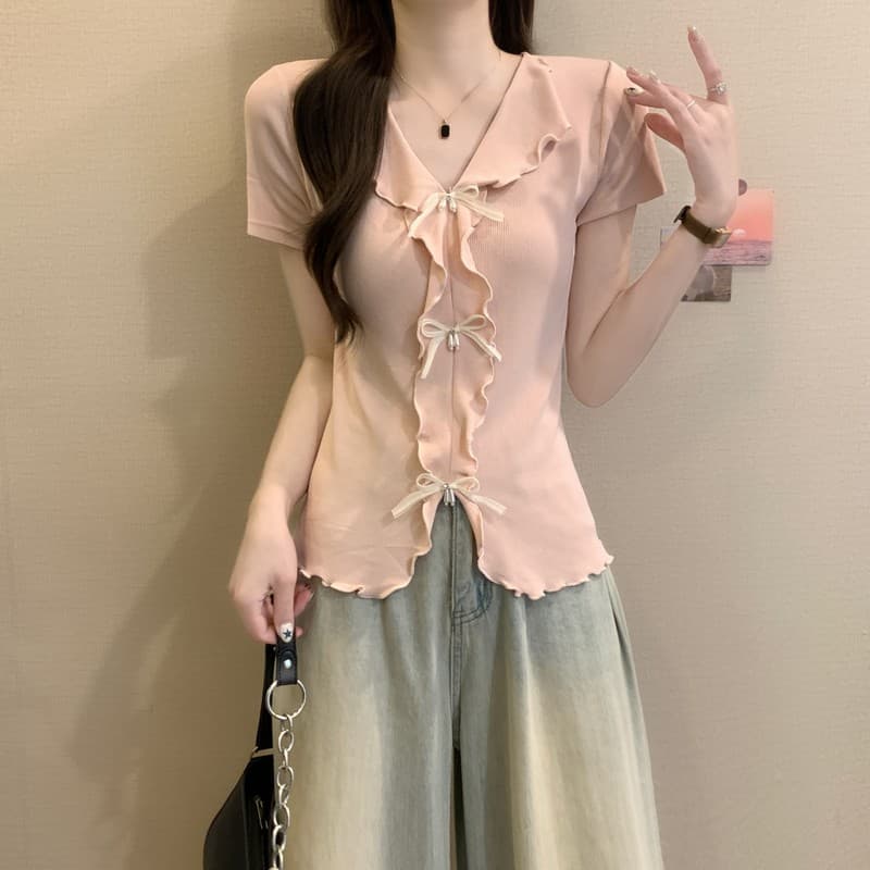 실사 정가 여름 새로운 프랑스식 나비 매듭 비즈 박기 V넥 프릴 몸매 가꾸기 슬림해 보이는 다용도 반팔 맨위 이미지 2
