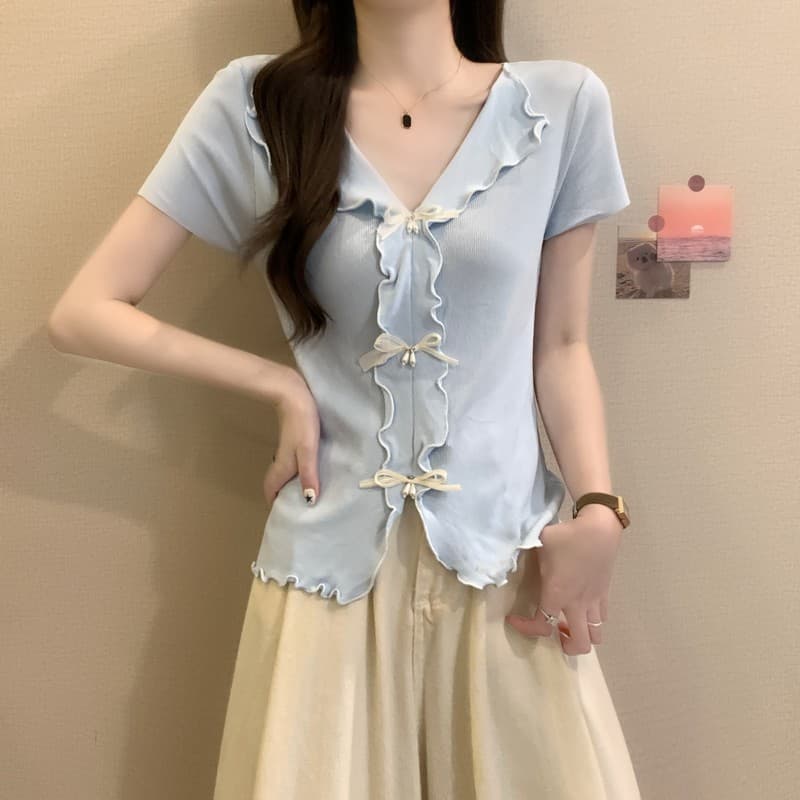 실사 정가 여름 새로운 프랑스식 나비 매듭 비즈 박기 V넥 프릴 몸매 가꾸기 슬림해 보이는 다용도 반팔 맨위 상세 이미지 21