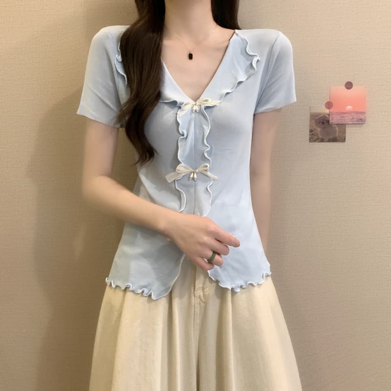 실사 정가 여름 새로운 프랑스식 나비 매듭 비즈 박기 V넥 프릴 몸매 가꾸기 슬림해 보이는 다용도 반팔 맨위 상세 이미지 22