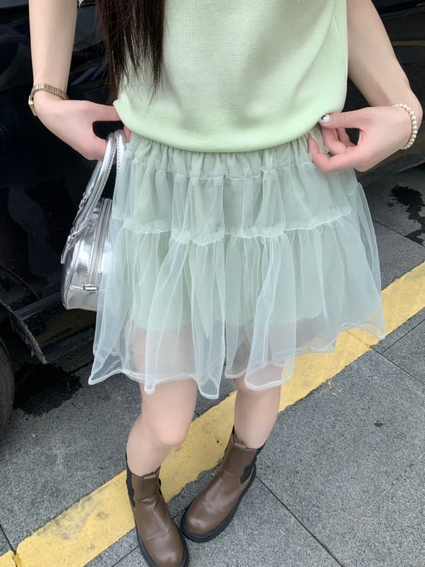 실사 정가 여름 새로운 부드러운 니트 맨위 녹색 망사 품격 반신 스커트 세트 조립 스카프 상세 이미지 7
