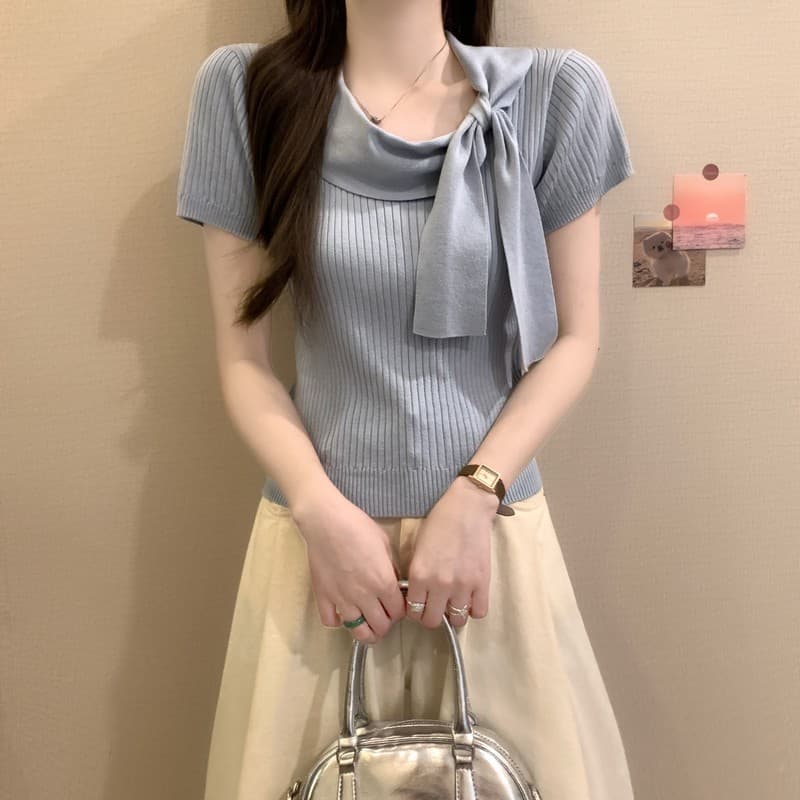 실사 정가 여름 새로운 한 부서 달콤함 품격 슬림해 보이는 순수한 욕망 오프숄더 나비 매듭 니트 반팔 맨위 상세 이미지 27