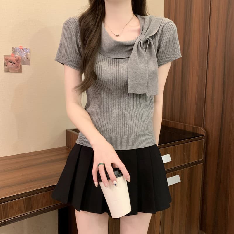 실사 정가 여름 새로운 한 부서 달콤함 품격 슬림해 보이는 순수한 욕망 오프숄더 나비 매듭 니트 반팔 맨위 상세 이미지 31