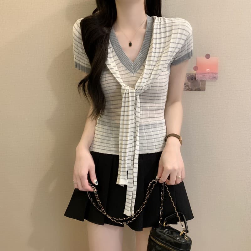 실사 정가 여름 새로운 순수한 욕망 핫걸 어깨 패드 배색 반팔 스트라이프 패치워크 사실 투피스 세트 니트 스웨터 상세 이미지 28