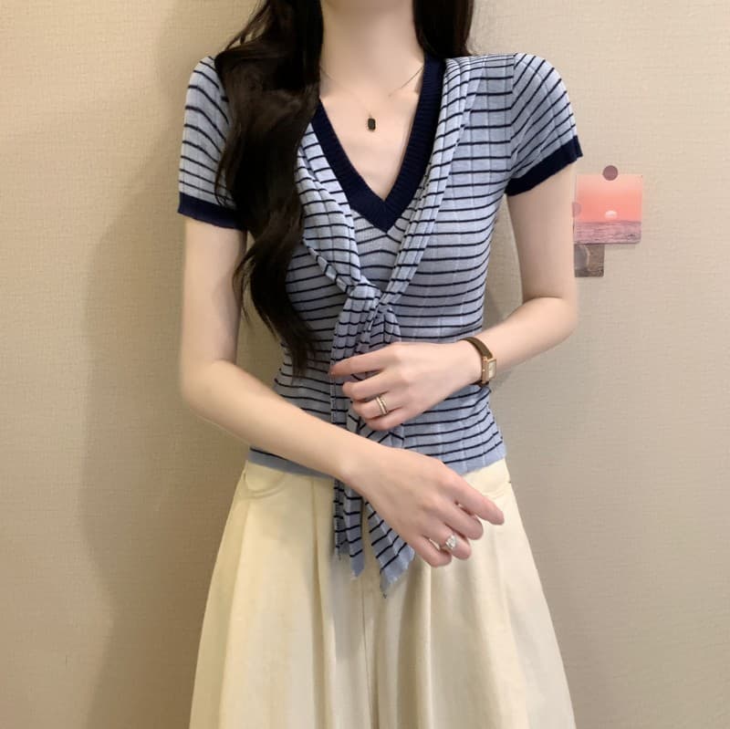 실사 정가 여름 새로운 순수한 욕망 핫걸 어깨 패드 배색 반팔 스트라이프 패치워크 사실 투피스 세트 니트 스웨터 상세 이미지 32