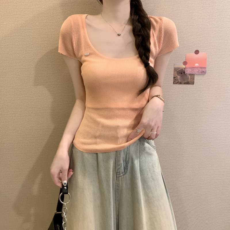 실사 정가 여름 새로운 한국 스타일 품격 u 칼라 몸매 가꾸기 슬림해 보이는 다용도 패션 주간 실크 반팔 니트 맨위 상세 이미지 22