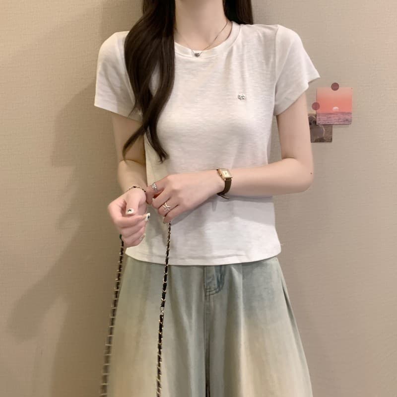 실사 정가 여름 새로운 한 부서 라운드 넥 긍정적 인 어깨 디자인 센스 작은 대중 캐주얼 다용도 단색 반팔 맨위 상세 이미지 9