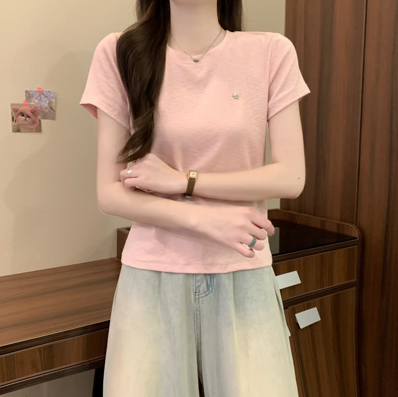 실사 정가 여름 새로운 한 부서 라운드 넥 긍정적 인 어깨 디자인 센스 작은 대중 캐주얼 다용도 단색 반팔 맨위 상세 이미지 24